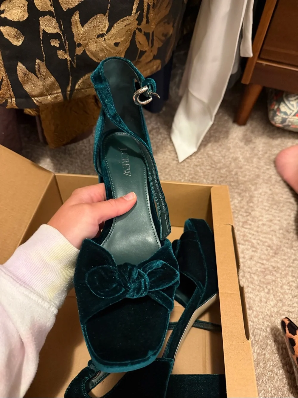 Velvet Platform Sandals by JCREW in Deep Green with Bow